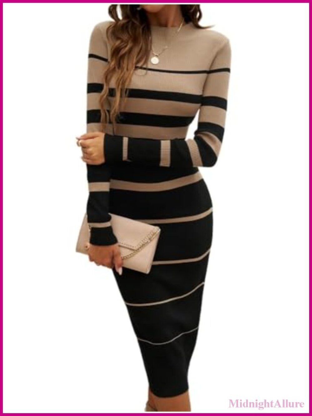 Womens Fashion Striped Dress Long Sleeve Crew Neck Bodycon Midi Ribbed Knit